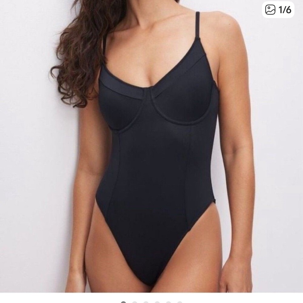 Good American Black Jacquard Showoff One-Piece Swimsuit Bathing Suit Size large